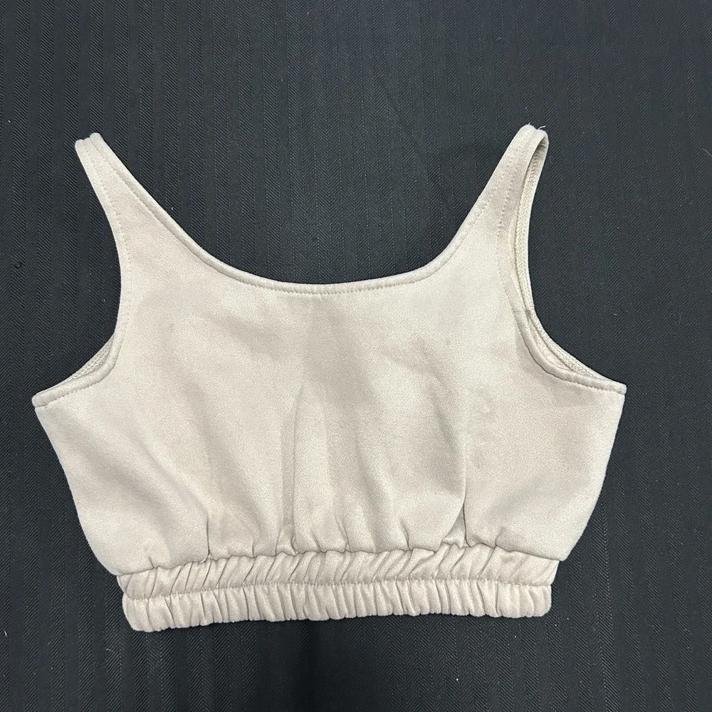 Nike Fleece Crop Top Sports Bra Women's Small Beige Center Swoosh